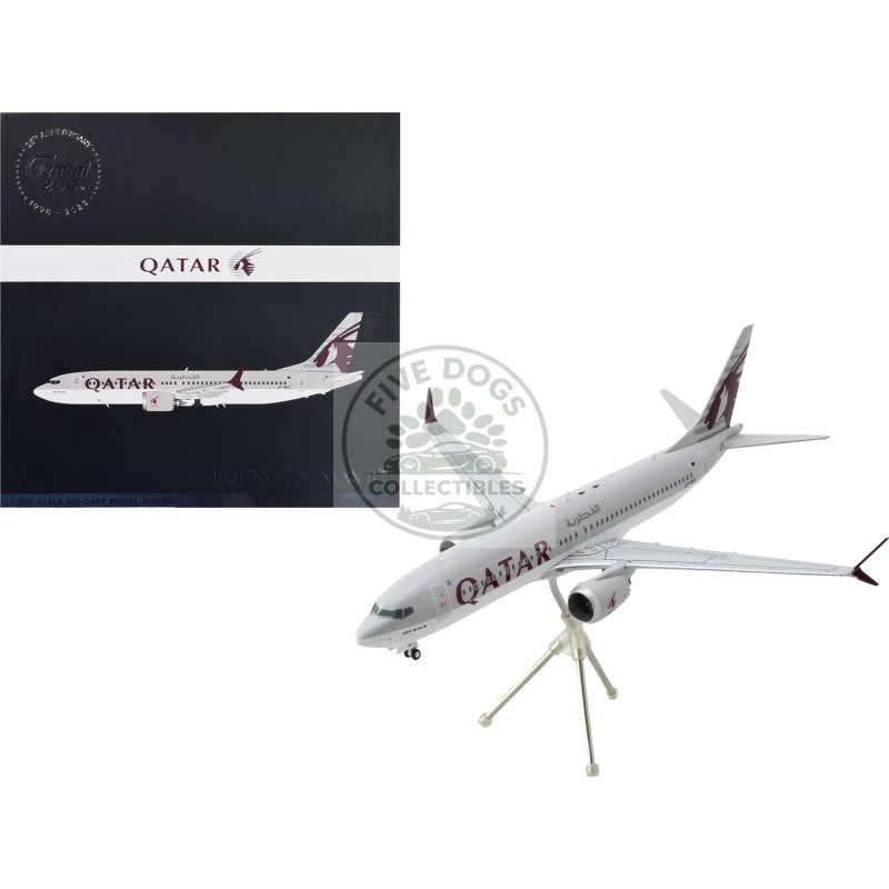 boeing 737 max 8 commercial aircraft "qatar airways" gray and white with tail graphics "gemini 200" series 1/200 diecast model airplane by geminijets
