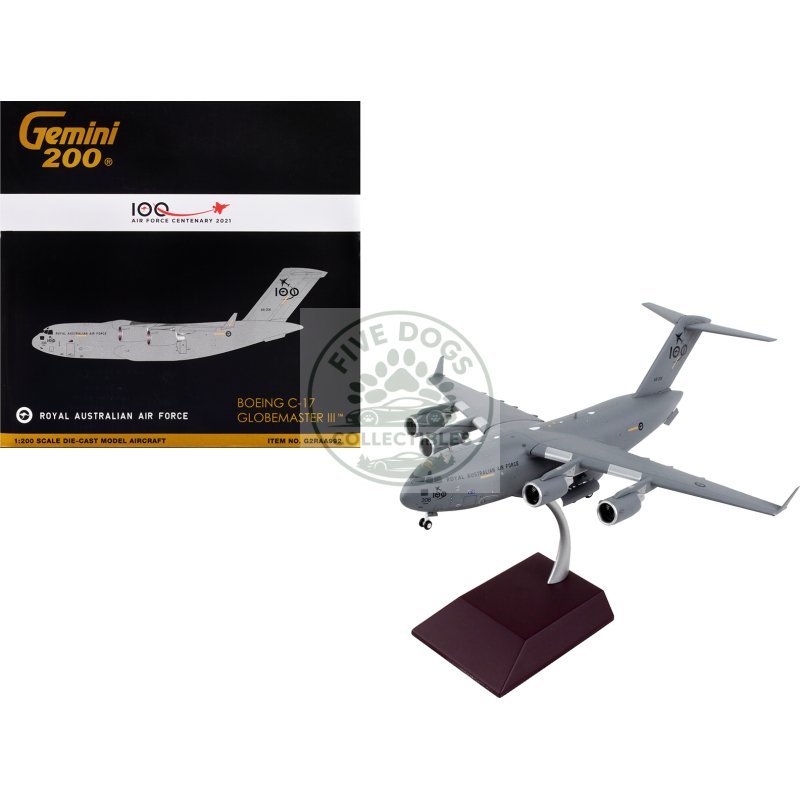 boeing c 17 globemaster iii transport aircraft "royal australian air force 100th anniversary" gray "gemini 200" series 1/200 diecast model airplane by geminijets