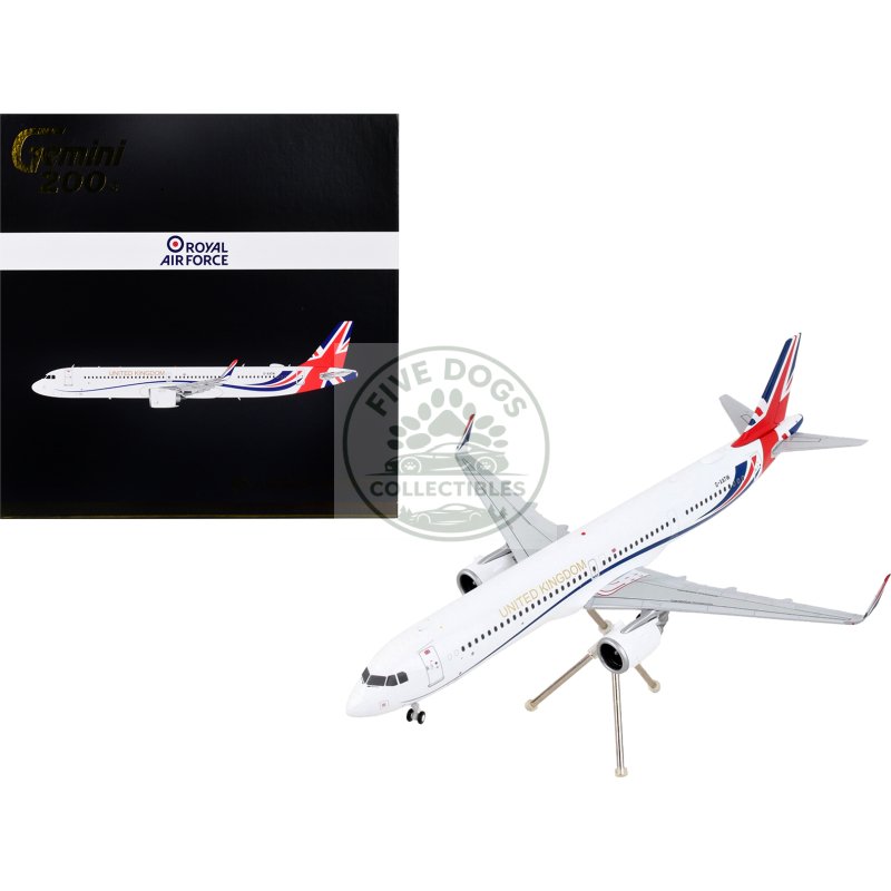 airbus a321neo commercial aircraft "british royal air force" white with united kingdom flag graphics "gemini 200" series 1/200 diecast model airplane by geminijets