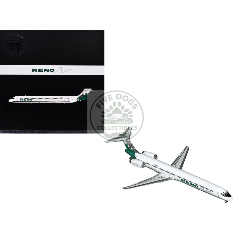 mcdonnell douglas md 90 commercial aircraft "reno air" (n905ra) white with green tail "gemini 200" series 1/200 diecast model airplane by geminijets