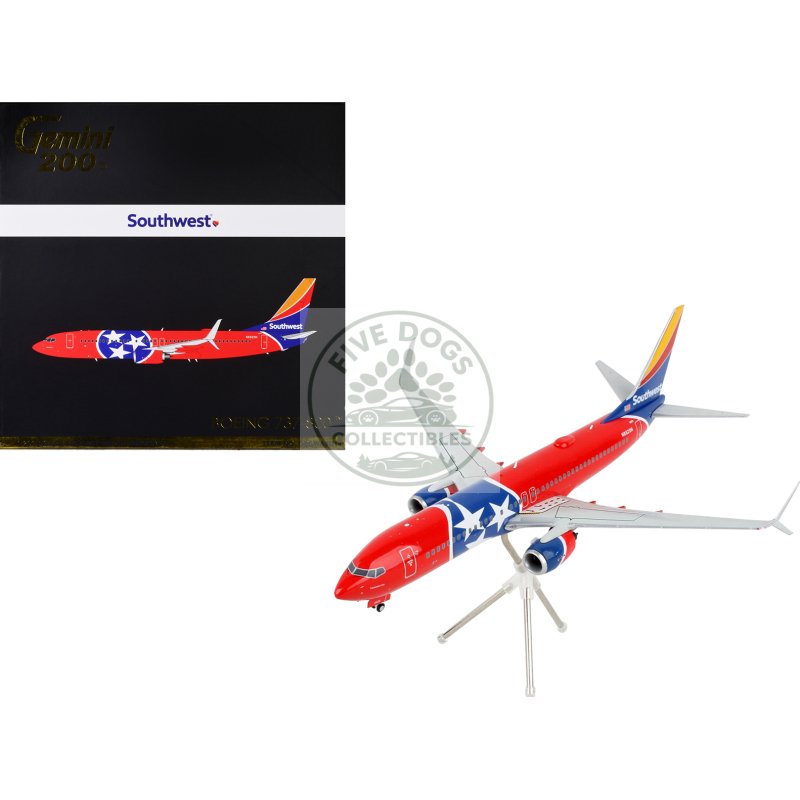 boeing 737 800 commercial aircraft "southwest airlines tennessee one" tennessee flag livery "gemini 200" series 1/200 diecast model airplane by geminijets