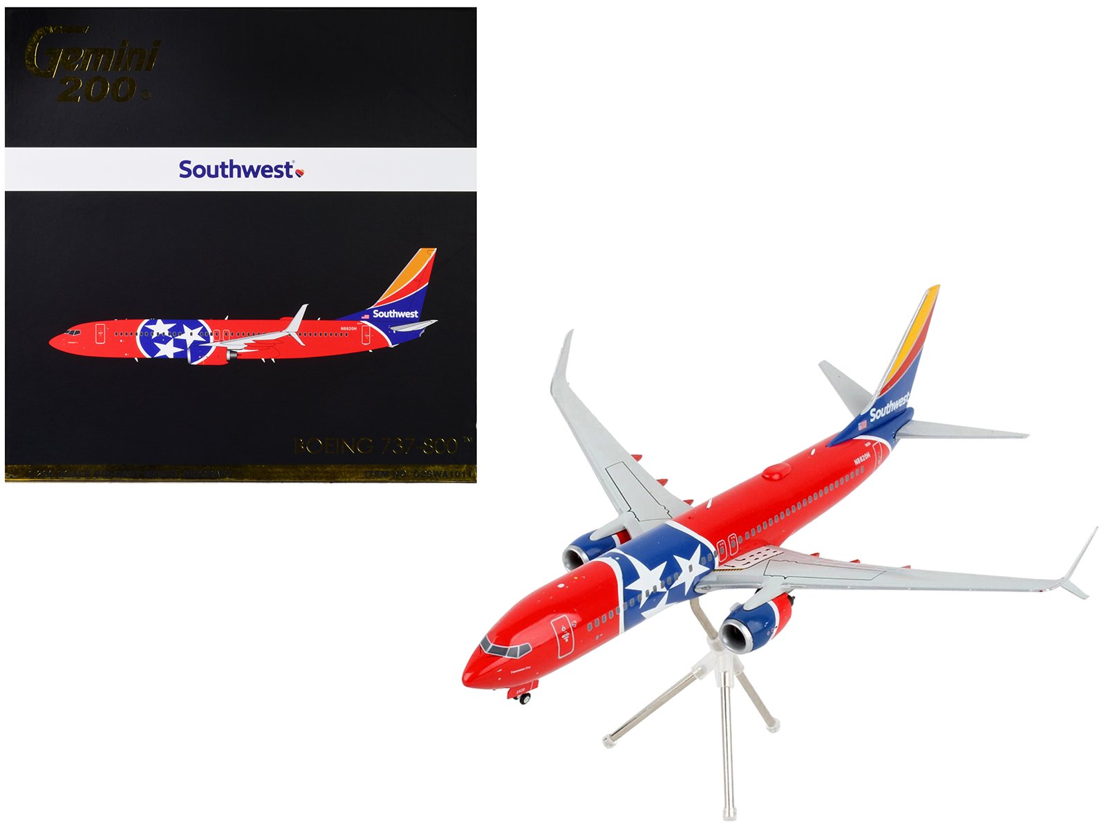 boeing 737 800 commercial aircraft "southwest airlines tennessee one" tennessee flag livery "gemini 200" series 1/200 diecast model airplane by geminijets boeing 737 800 commercial aircraft "southwest airlines tennessee one" tennessee flag livery "gemini 200" series 1/200 diecast model airplane by geminijets