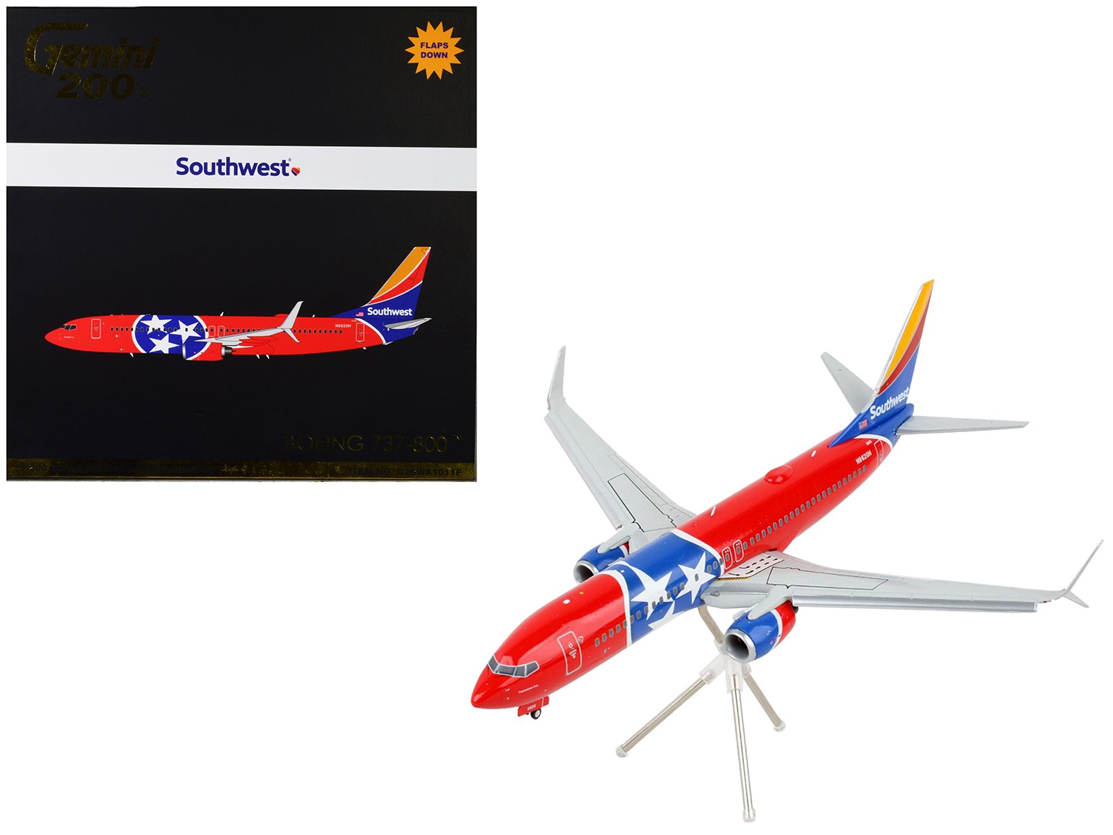 boeing 737 800 commercial aircraft with flaps down "southwest airlines tennessee one" tennessee flag livery "gemini 200" series 1/200 diecast model airplane by geminijets boeing 737 800 commercial aircraft with flaps down "southwest airlines tennessee one" tennessee flag livery "gemini 200" series 1/200 diecast model airplane by geminijets