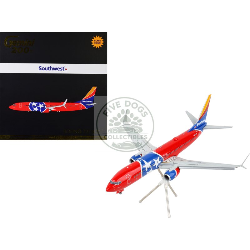 boeing 737 800 commercial aircraft with flaps down "southwest airlines tennessee one" tennessee flag livery "gemini 200" series 1/200 diecast model airplane by geminijets