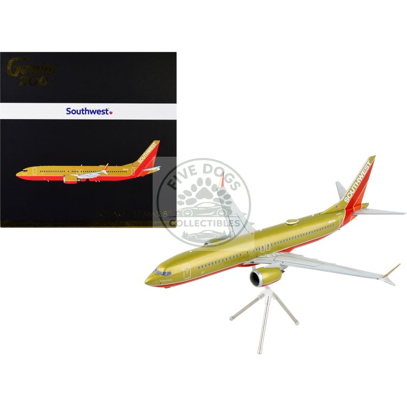boeing 737 max 8 commercial aircraft "southwest airlines" gold and red "gemini 200" series 1/200 diecast model airplane by geminijets