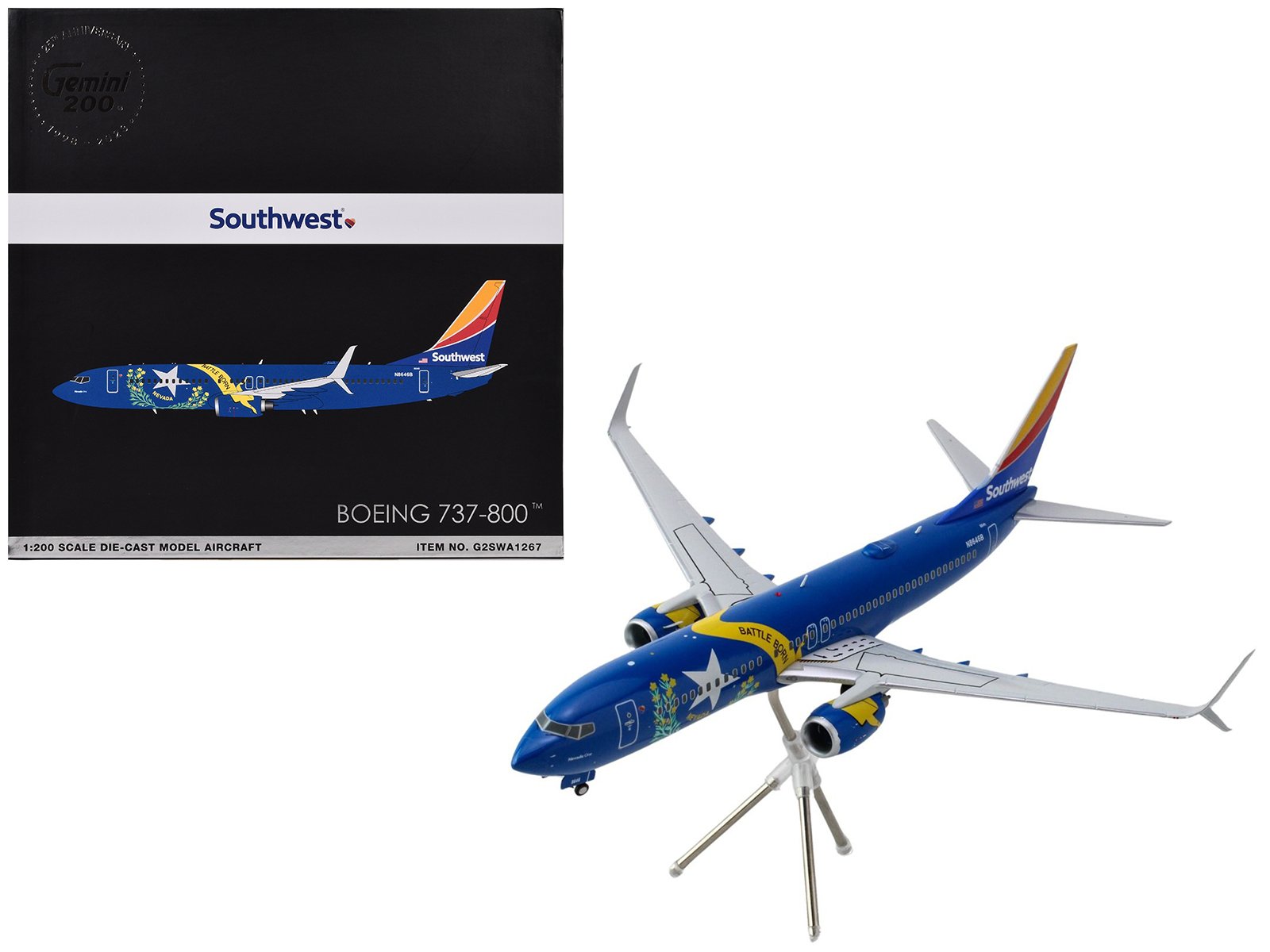 boeing 737 800 commercial aircraft "southwest airlines nevada one" (n8646b) blue with tail stripes "gemini 200" series 1/200 diecast model airplane by geminijets boeing 737 800 commercial aircraft "southwest airlines nevada one" (n8646b) blue with tail stripes "gemini 200" series 1/200 diecast model airplane by geminijets