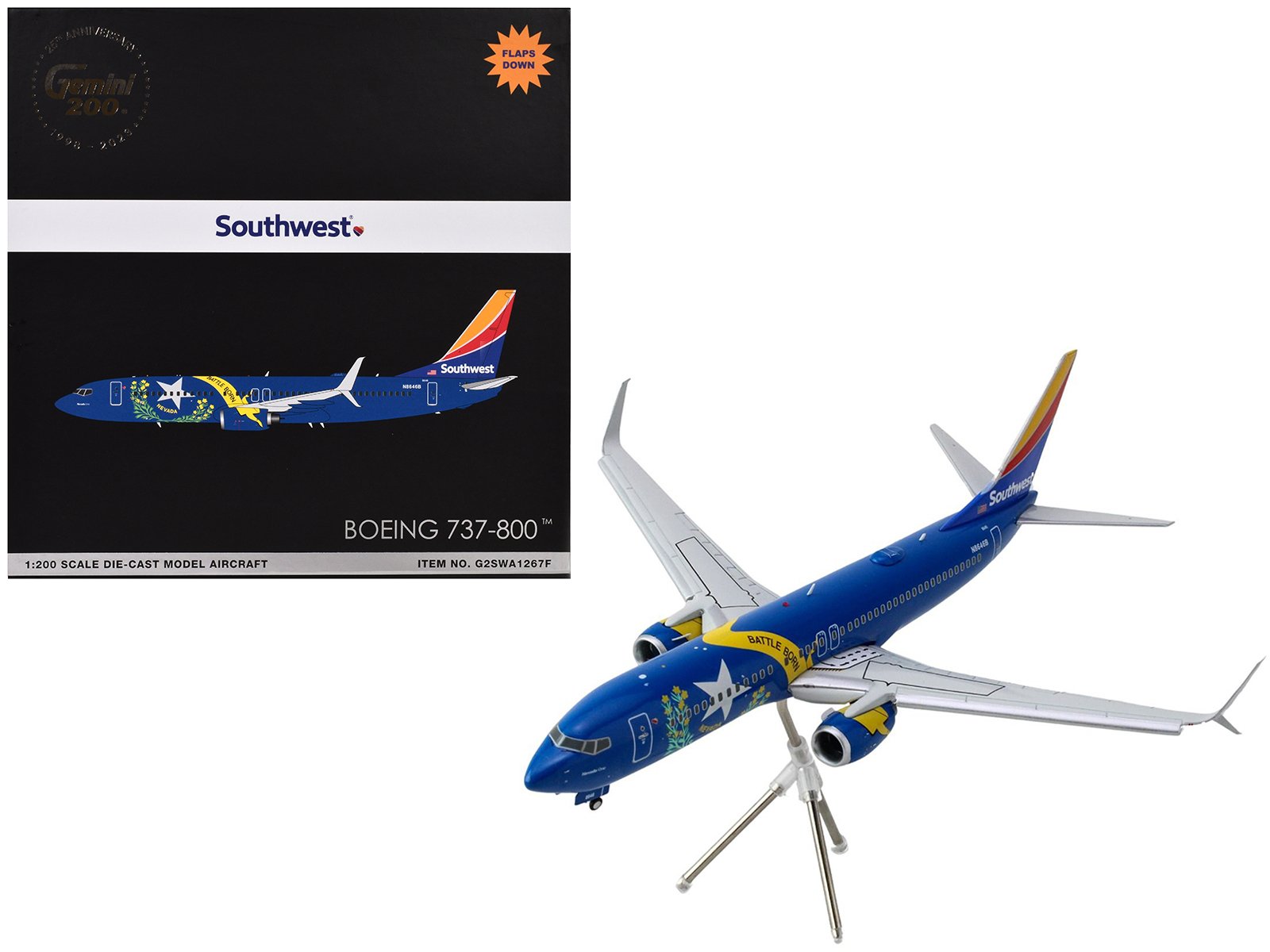 boeing 737 800 commercial aircraft with flaps down "southwest airlines nevada one" (n8646b) blue with tail stripes "gemini 200" series 1/200 diecast model airplane by geminijets boeing 737 800 commercial aircraft with flaps down "southwest airlines nevada one" (n8646b) blue with tail stripes "gemini 200" series 1/200 diecast model airplane by geminijets