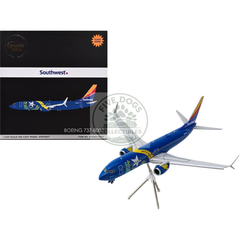 boeing 737 800 commercial aircraft with flaps down "southwest airlines nevada one" (n8646b) blue with tail stripes "gemini 200" series 1/200 diecast model airplane by geminijets