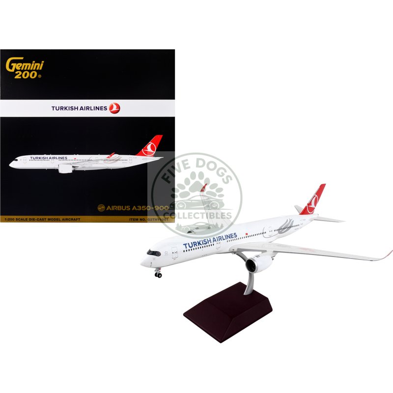 airbus a350 900 commercial aircraft "turkish airlines" white with red tail "gemini 200" series 1/200 diecast model airplane by geminijets
