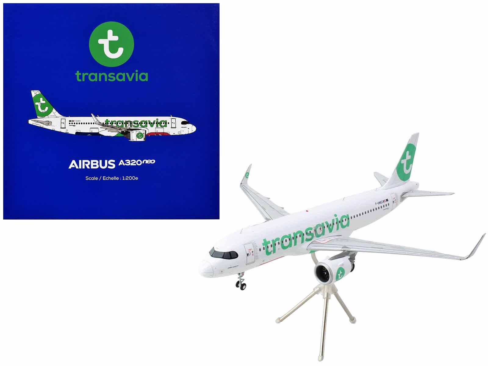 airbus a320neo commercial aircraft "transavia airlines" (f gneo) white with green tail "gemini 200" series 1/200 diecast model airplane by geminijets airbus a320neo commercial aircraft "transavia airlines" (f gneo) white with green tail "gemini 200" series 1/200 diecast model airplane by geminijets