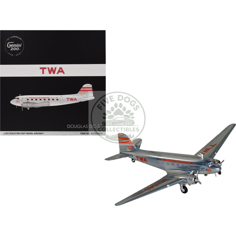 douglas dc 3 commercial aircraft "twa (trans world airlines)" (nc1943) polished metal finish with red tail stripes "gemini 200" series 1/200 diecast model airplane by geminijets