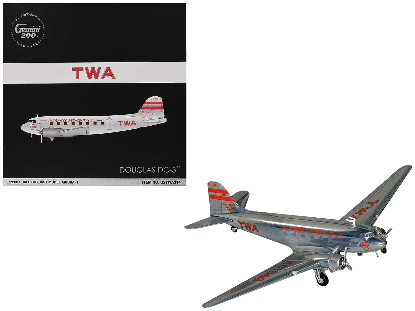 douglas dc 3 commercial aircraft "twa (trans world airlines)" (nc1943) polished metal finish with red tail stripes "gemini 200" series 1/200 diecast model airplane by geminijets douglas dc 3 commercial aircraft "twa (trans world airlines)" (nc1943) polished metal finish with red tail stripes "gemini 200" series 1/200 diecast model airplane by geminijets