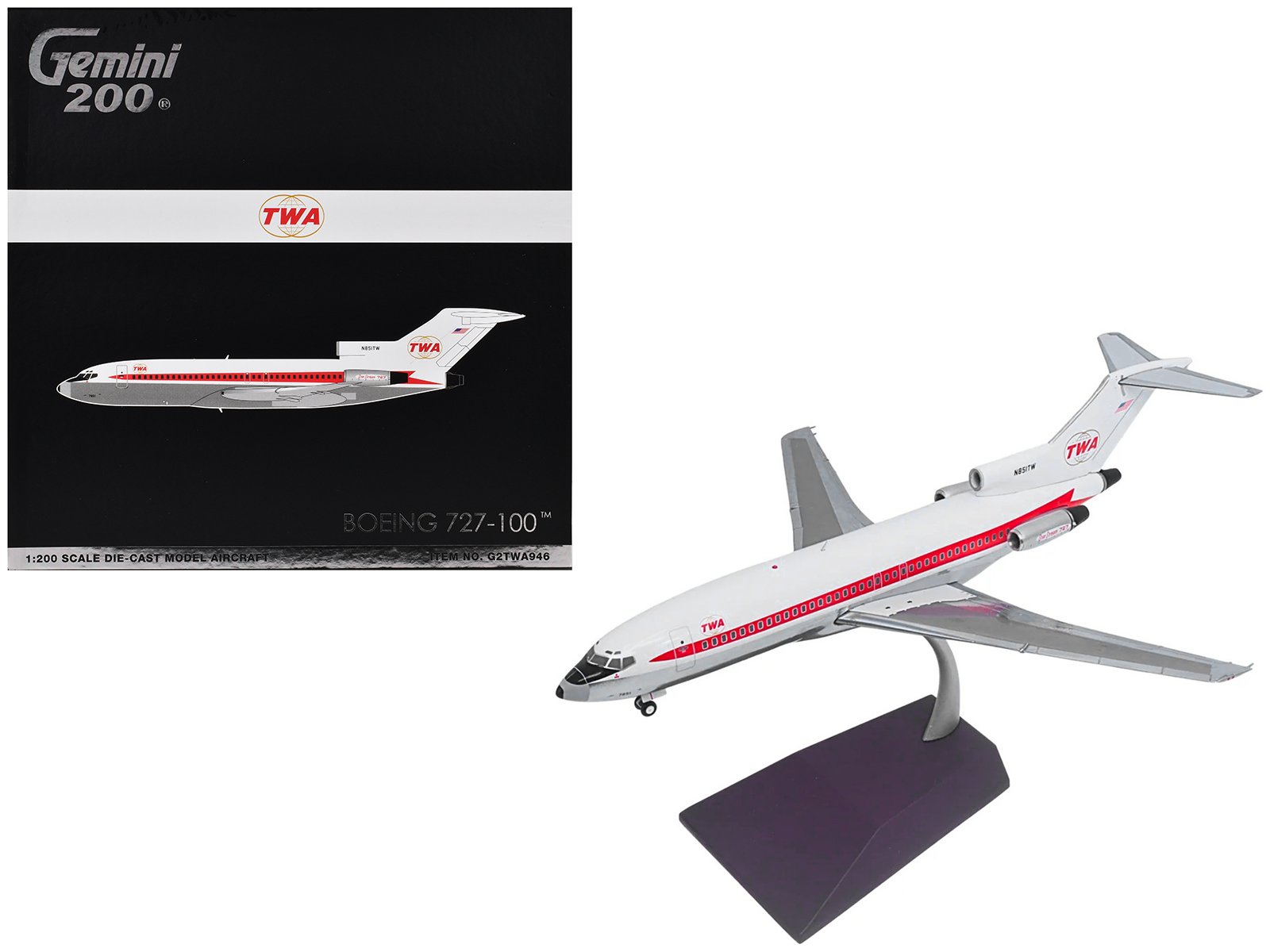 boeing 727 100 commercial aircraft "trans world airlines (twa)" (n851tw) white with red stripes "gemini 200" series 1/200 diecast model airplane by geminijets boeing 727 100 commercial aircraft "trans world airlines (twa)" (n851tw) white with red stripes "gemini 200" series 1/200 diecast model airplane by geminijets