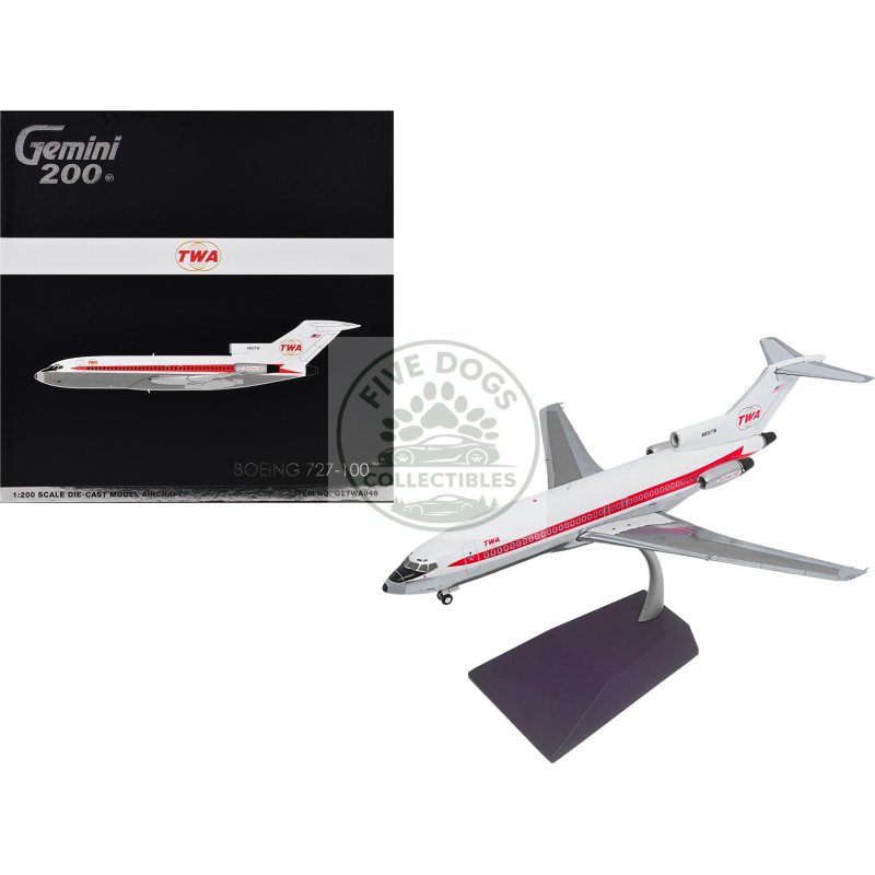 boeing 727 100 commercial aircraft "trans world airlines (twa)" (n851tw) white with red stripes "gemini 200" series 1/200 diecast model airplane by geminijets