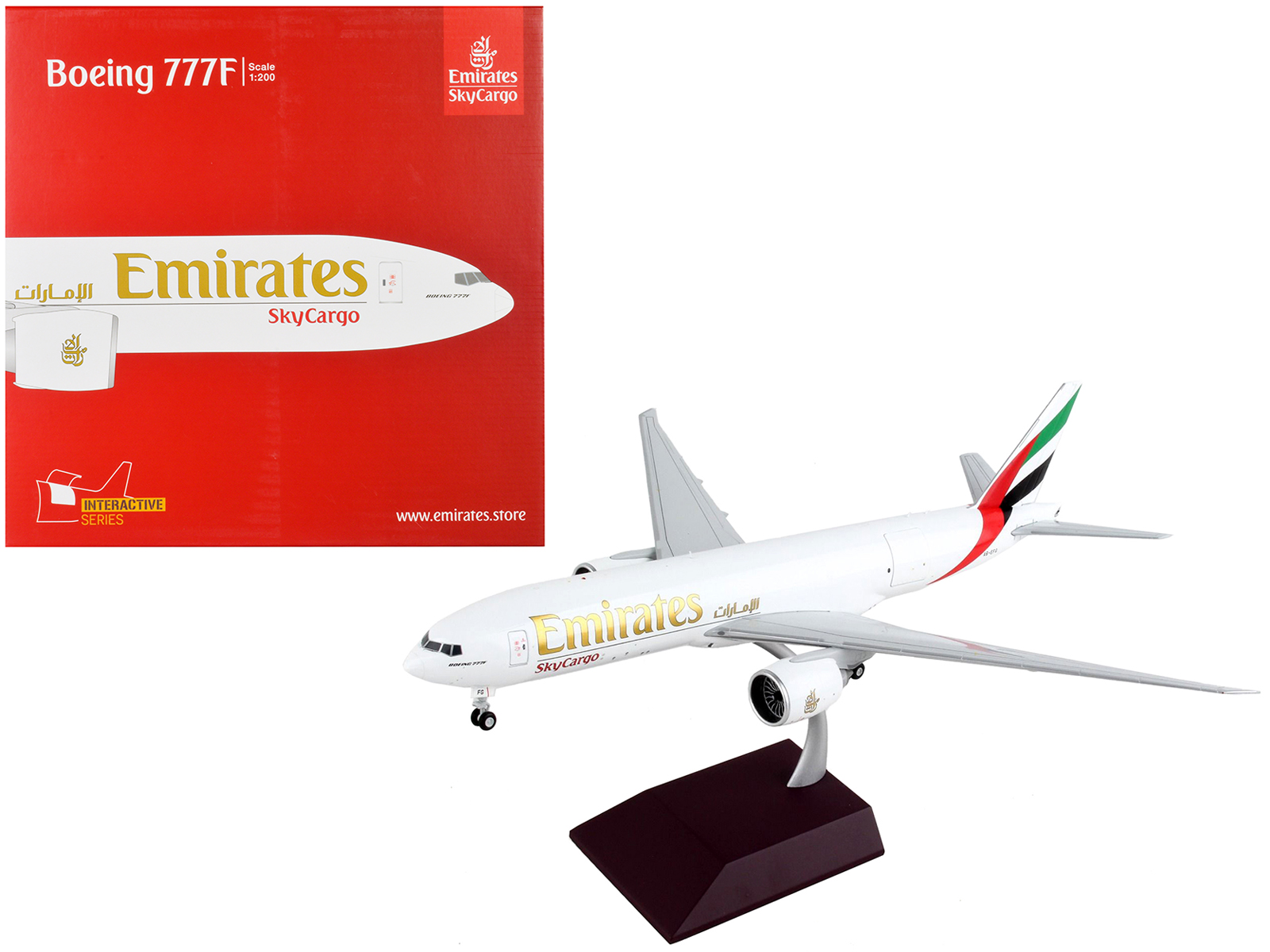 boeing 777f commercial aircraft "emirates airlines skycargo" white with striped tail "gemini 200 interactive" series 1/200 diecast model airplane by geminijets boeing 777f commercial aircraft "emirates airlines skycargo" white with striped tail "gemini 200 interactive" series 1/200 diecast model airplane by geminijets
