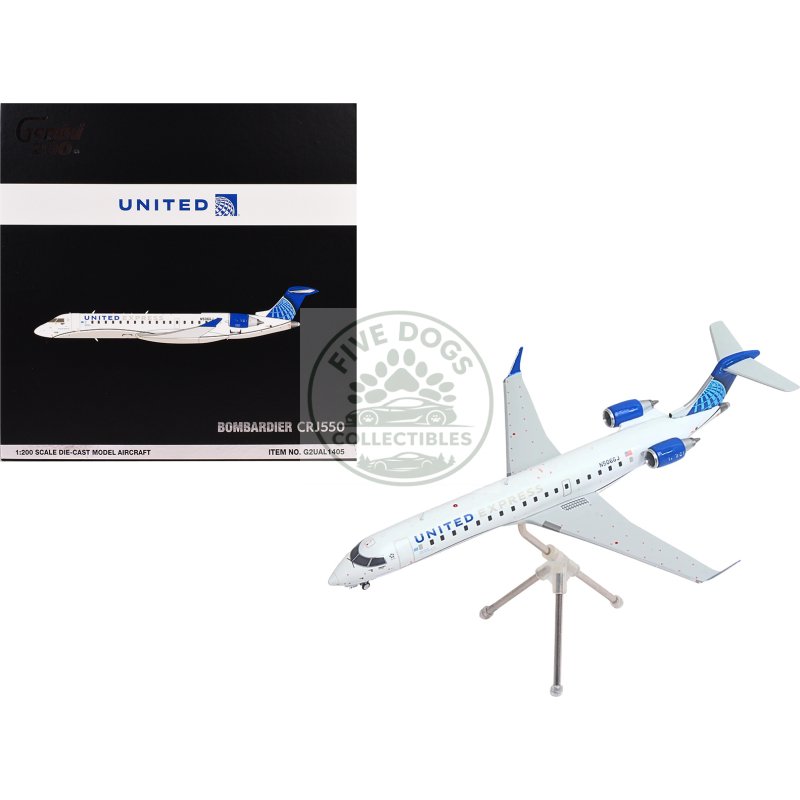 bombardier crj550 commercial aircraft "united express" (n506gj) white with blue tail "gemini 200" series 1/200 diecast model airplane by geminijets