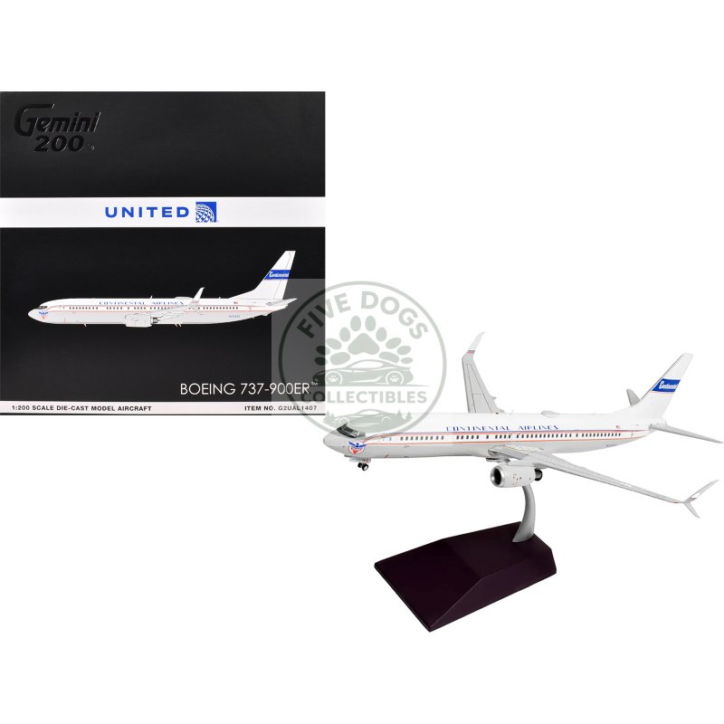 boeing 737 900er commercial aircraft "continental airlines united airlines" (n75435) white with red and blue stripes "gemini 200" series 1/200 diecast model airplane by geminijets