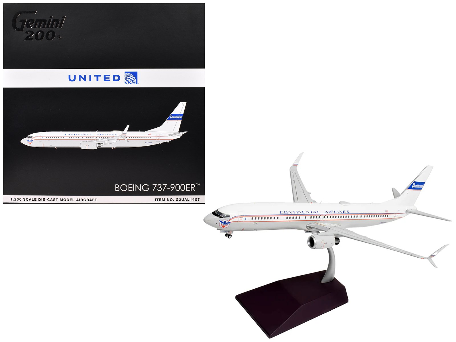 boeing 737 900er commercial aircraft "continental airlines united airlines" (n75435) white with red and blue stripes "gemini 200" series 1/200 diecast model airplane by geminijets boeing 737 900er commercial aircraft "continental airlines united airlines" (n75435) white with red and blue stripes "gemini 200" series 1/200 diecast model airplane by geminijets