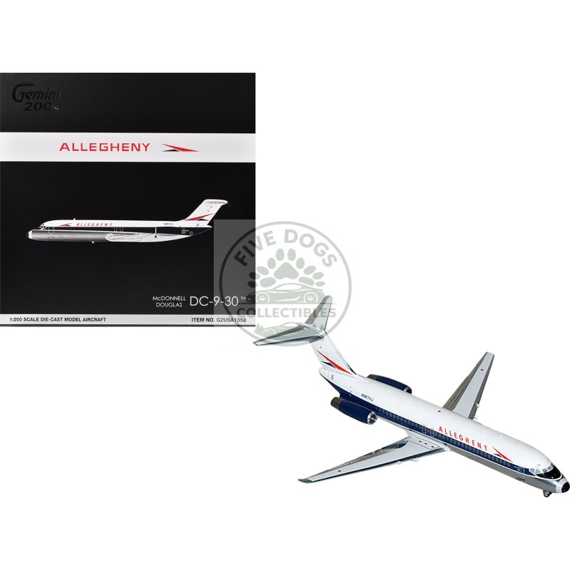mcdonnell douglas dc 9 30 commercial aircraft "allegheny airlines" (n967vj) white with blue stripes "gemini 200" series 1/200 diecast model airplane by geminijets