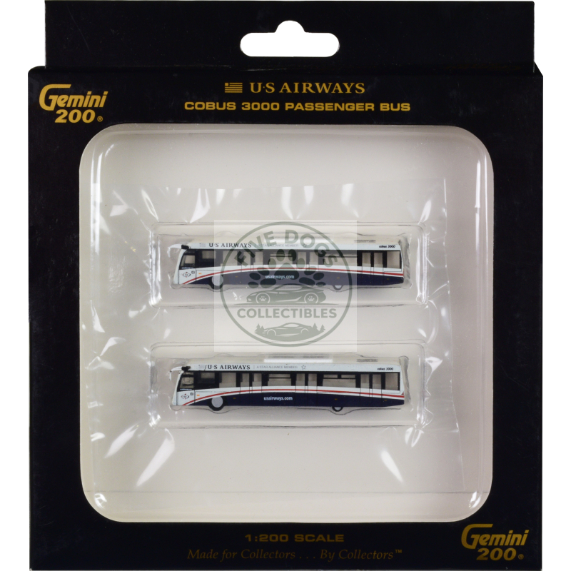 cobus 3000 passenger bus white and blue "us airways shuttle bus" 2 piece set "gemini 200" series diecast models by geminijets