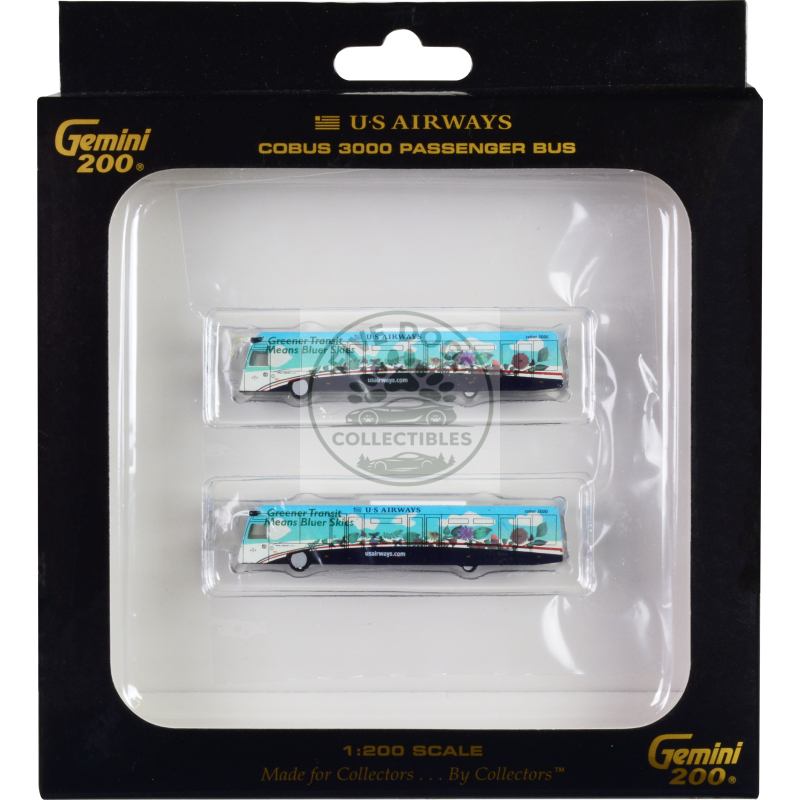 cobus 3000 passenger bus white and blue with graphics "us airways shuttle bus greener transit" 2 piece set "gemini 200" series diecast models by geminijets