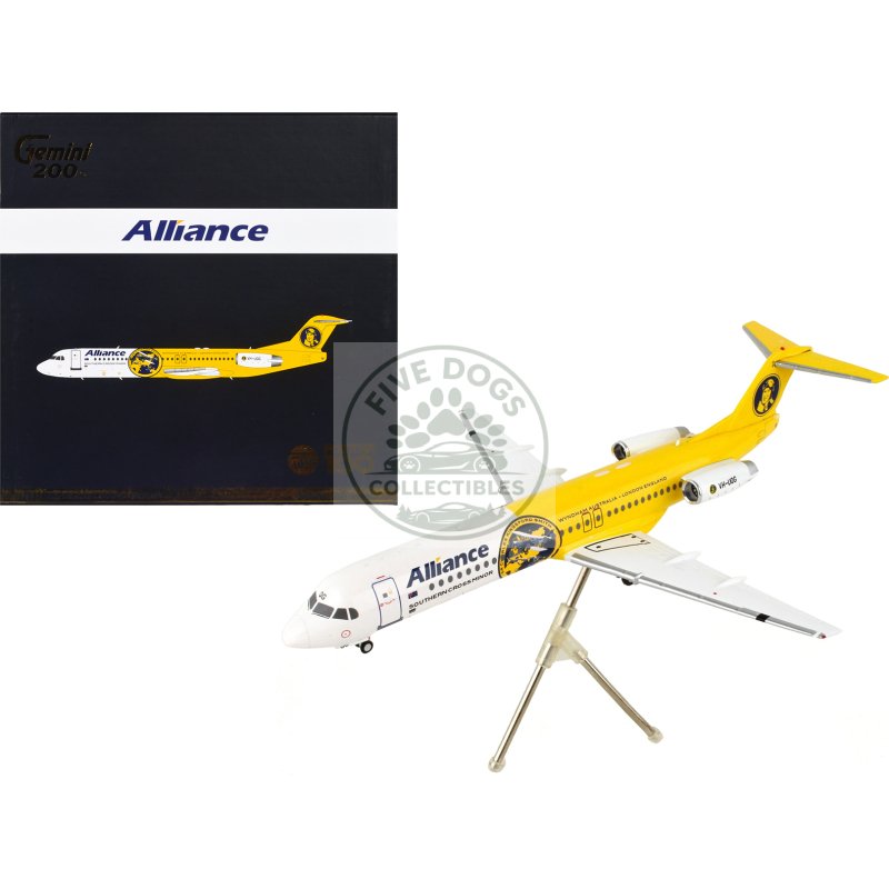 fokker f100 commercial aircraft "alliance airlines" white and yellow "gemini 200" series 1/200 diecast model airplane by geminijets