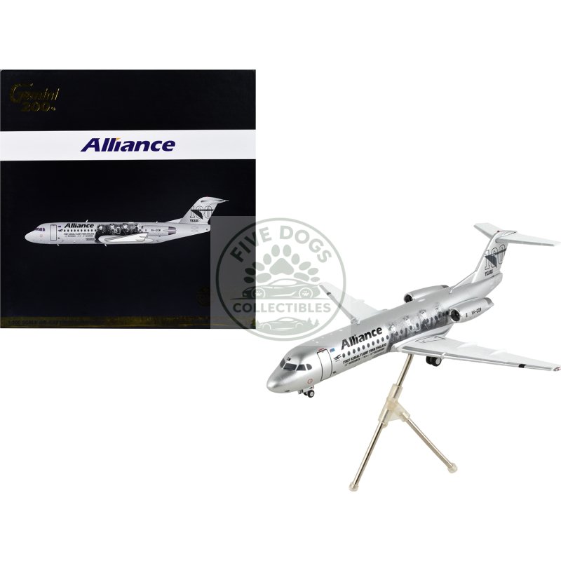 fokker f70 commercial aircraft "alliance airlines 100 years first flight from england" silver metallic "gemini 200" series 1/200 diecast model airplane by geminijets