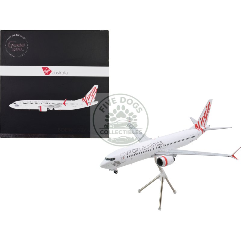 boeing 737 max 8 commercial aircraft "virgin australia" (vh 8ia) white with red tail graphics "gemini 200" series 1/200 diecast model airplane by geminijets