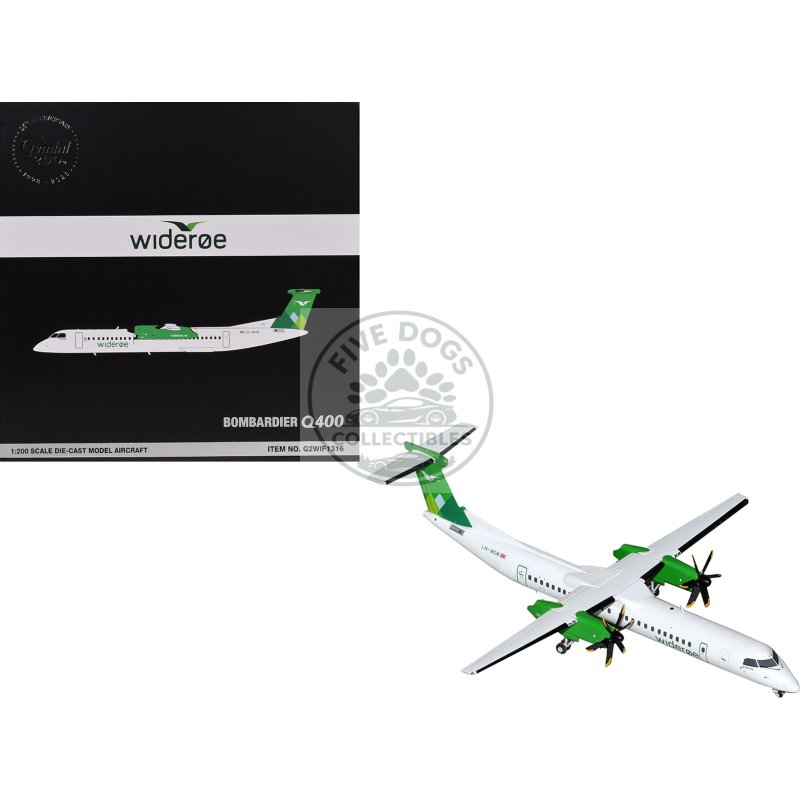 bombardier q400 commercial aircraft "wideroe" (ln wdm) white with green tail "gemini 200" series 1/200 diecast model airplane by geminijets