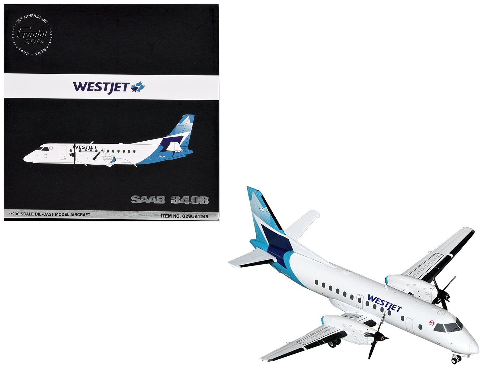 saab 340b commercial aircraft "westjet" (c goia) white with blue stripes and tail "gemini 200" series 1/200 diecast model airplane by geminijets saab 340b commercial aircraft "westjet" (c goia) white with blue stripes and tail "gemini 200" series 1/200 diecast model airplane by geminijets