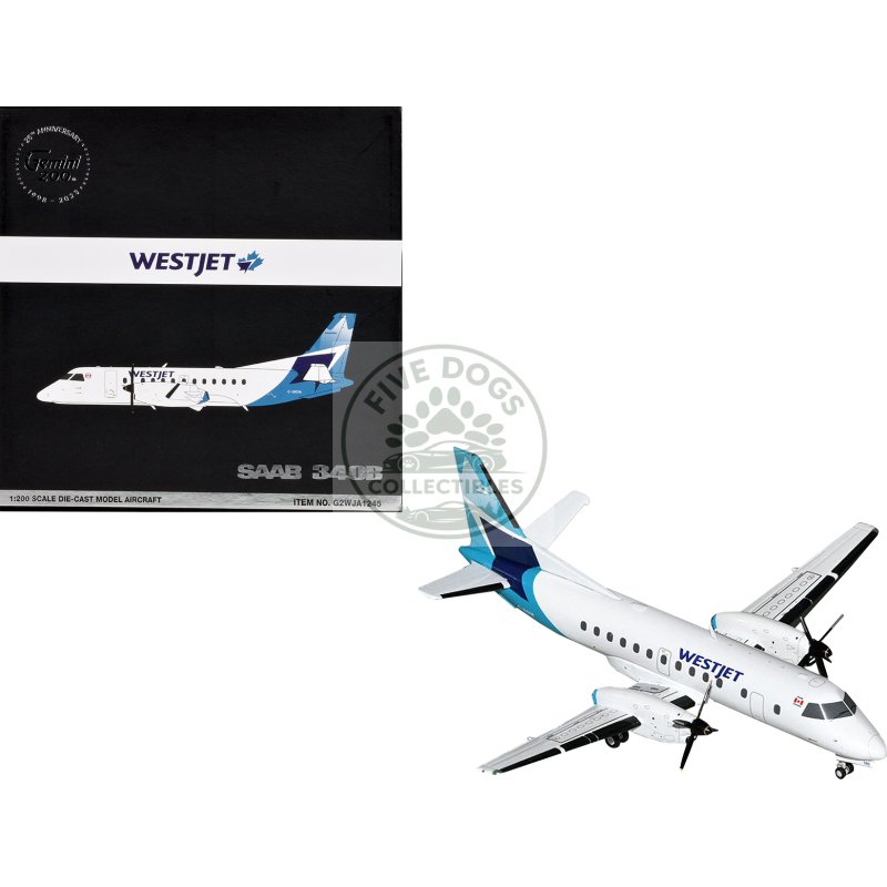 saab 340b commercial aircraft "westjet" (c goia) white with blue stripes and tail "gemini 200" series 1/200 diecast model airplane by geminijets