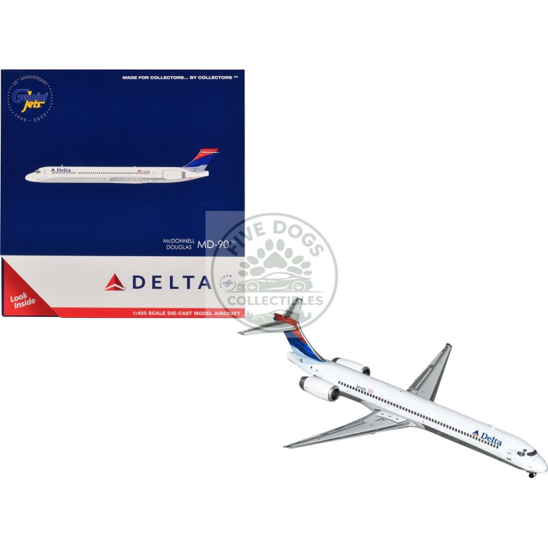 mcdonnell douglas md 90 commercial aircraft "delta air lines" (n910dn) white with blue and red tail 1/400 diecast model airplane by geminijets