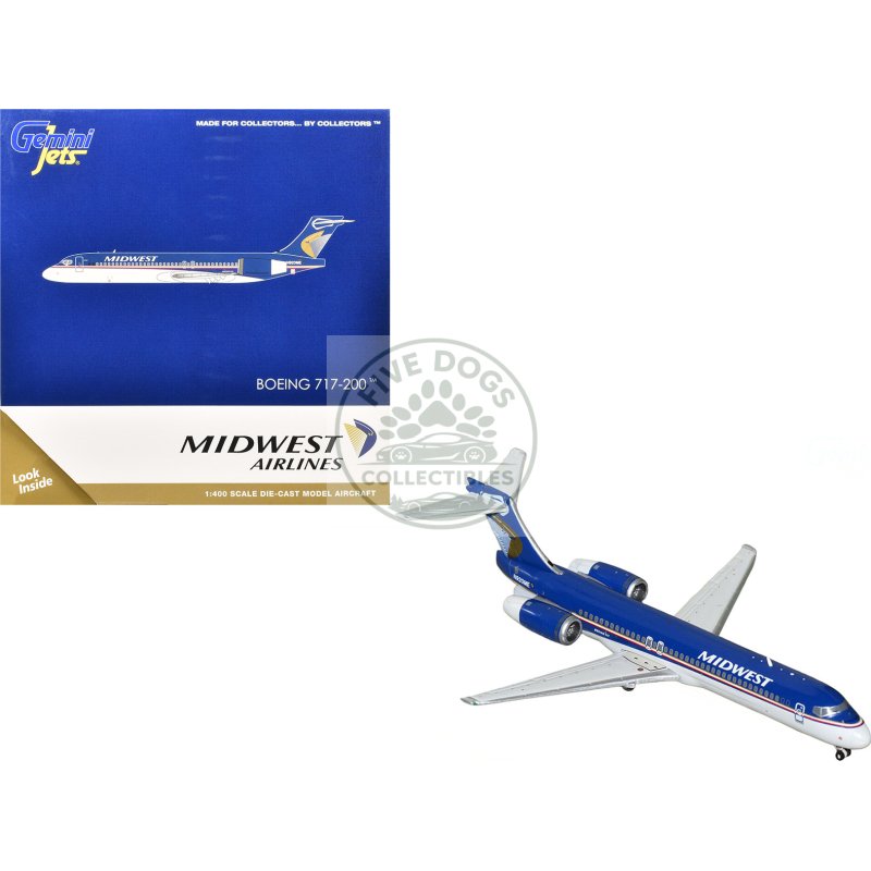 boeing 717 200 commercial aircraft "midwest airlines" (n920me) blue and white 1/400 diecast model airplane by geminijets