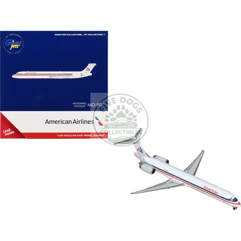 mcdonnell douglas md 90 commercial aircraft "american airlines" (n904ra) white with blue and red stripes 1/400 diecast model airplane by geminijets