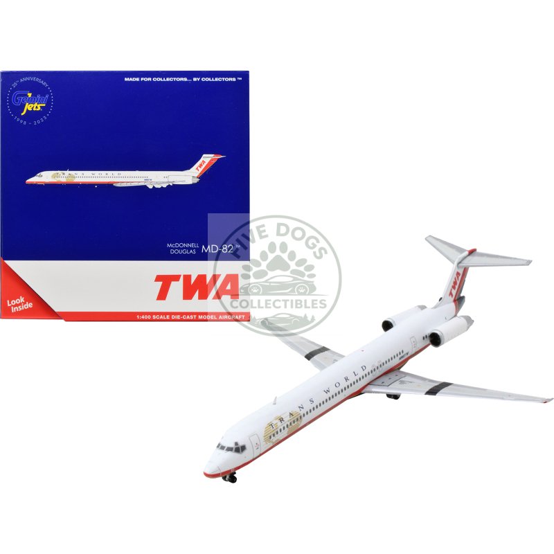 mcdonnell douglas md 82 commercial aircraft "trans world airlines" white with red stripes 1/400 diecast model airplane by geminijets
