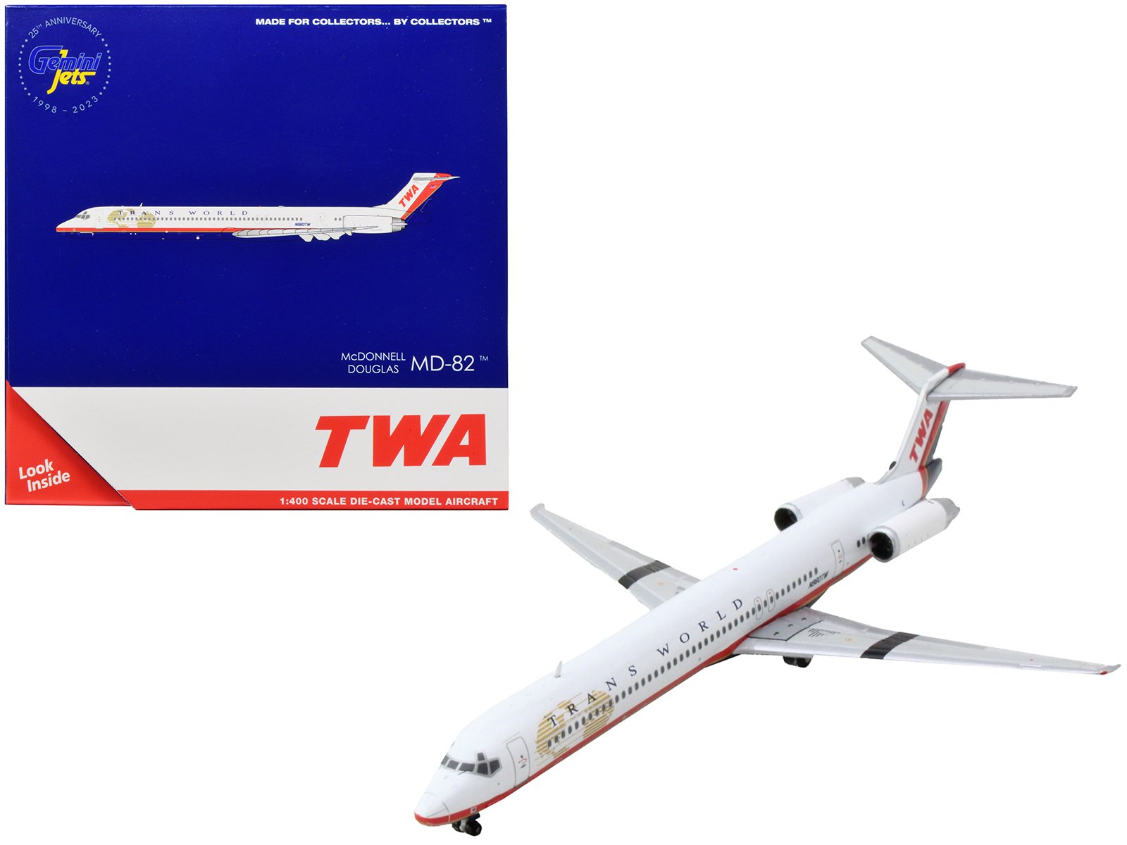 mcdonnell douglas md 82 commercial aircraft "trans world airlines" white with red stripes 1/400 diecast model airplane by geminijets mcdonnell douglas md 82 commercial aircraft "trans world airlines" white with red stripes 1/400 diecast model airplane by geminijets