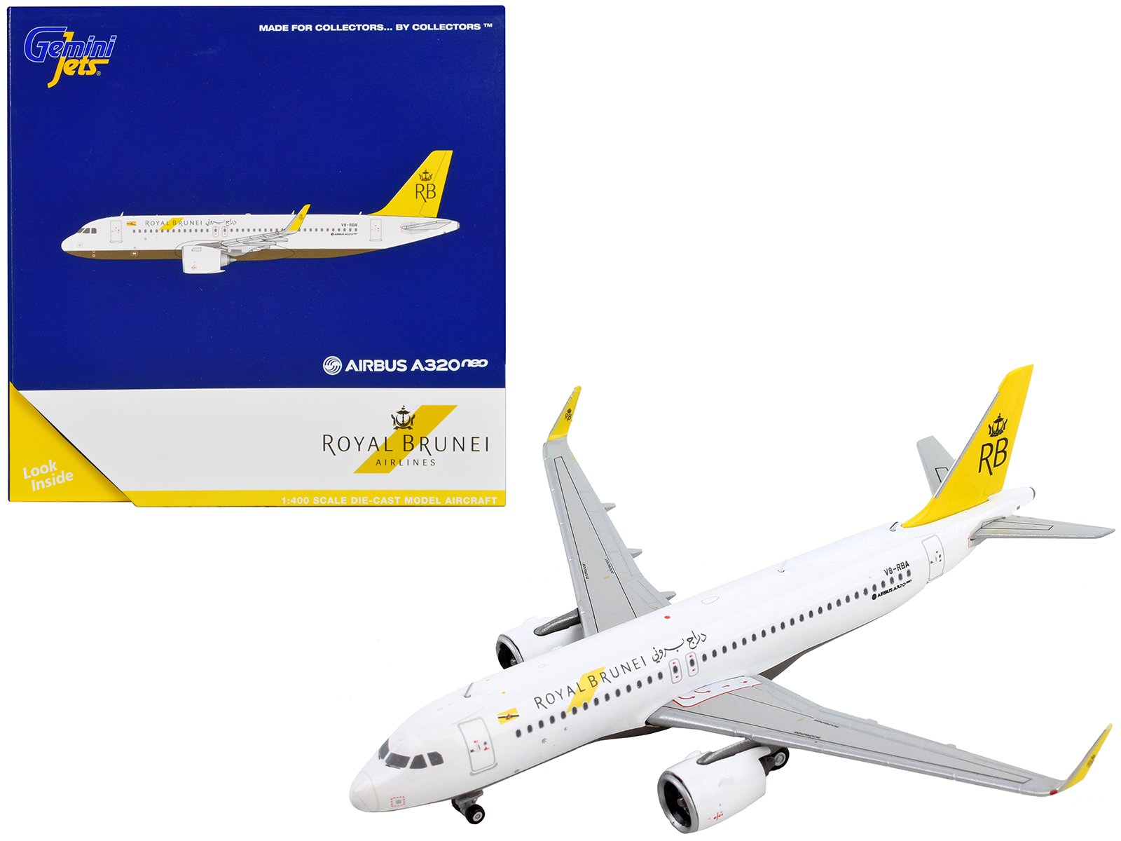 airbus a320neo commercial aircraft "royal brunei airlines" white with yellow tail 1/400 diecast model airplane by geminijets airbus a320neo commercial aircraft "royal brunei airlines" white with yellow tail 1/400 diecast model airplane by geminijets