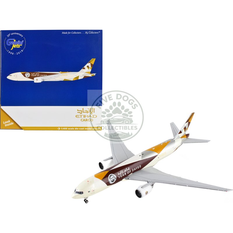 boeing 777f commercial aircraft "etihad cargo year of zayed" white with graphics 1/400 diecast model airplane by geminijets