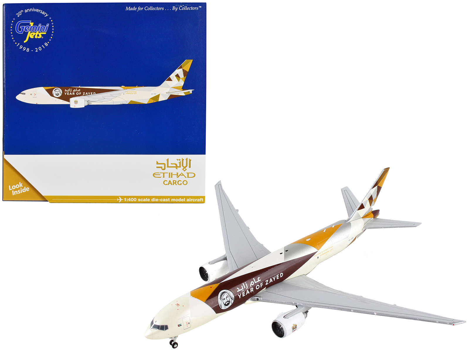 boeing 777f commercial aircraft "etihad cargo year of zayed" white with graphics 1/400 diecast model airplane by geminijets boeing 777f commercial aircraft "etihad cargo year of zayed" white with graphics 1/400 diecast model airplane by geminijets