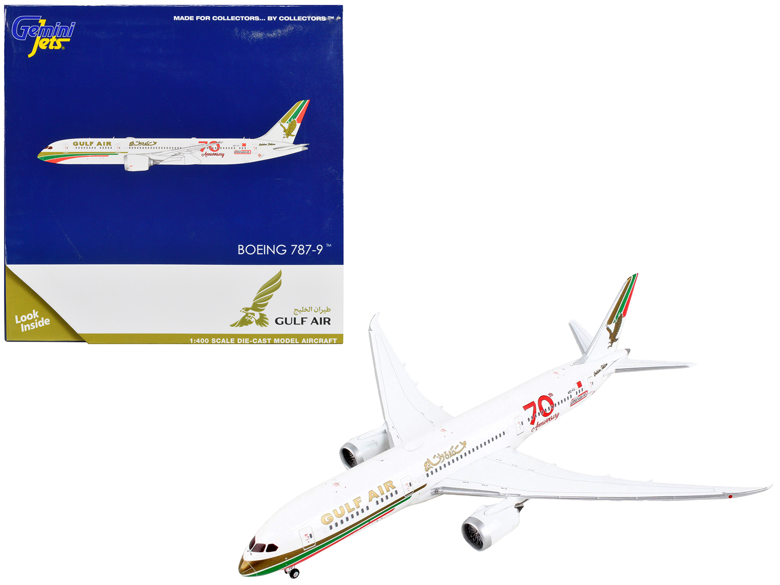 boeing 787 9 commercial aircraft "gulf air 70th anniversary" white with graphics 1/400 diecast model airplane by geminijets boeing 787 9 commercial aircraft "gulf air 70th anniversary" white with graphics 1/400 diecast model airplane by geminijets
