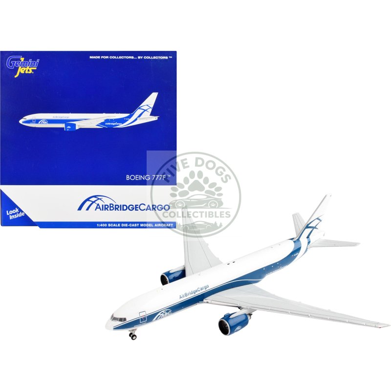 boeing 777f commercial aircraft "airbridgecargo" white with blue stripes 1/400 diecast model airplane by geminijets
