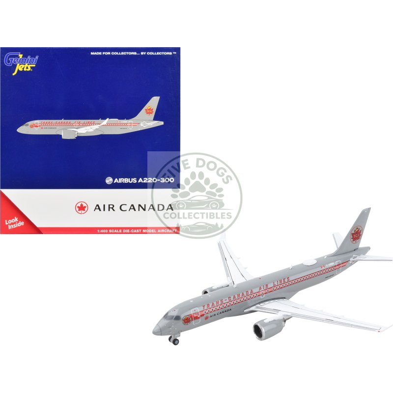 airbus a220 300 commercial aircraft "trans canada air lines air canada" gray with red stripes 1/400 diecast model airplane by geminijets