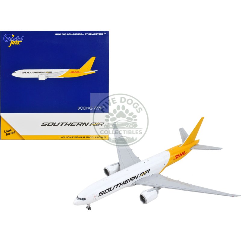 boeing 777f commercial aircraft "southern air dhl" white and yellow 1/400 diecast model airplane by geminijets