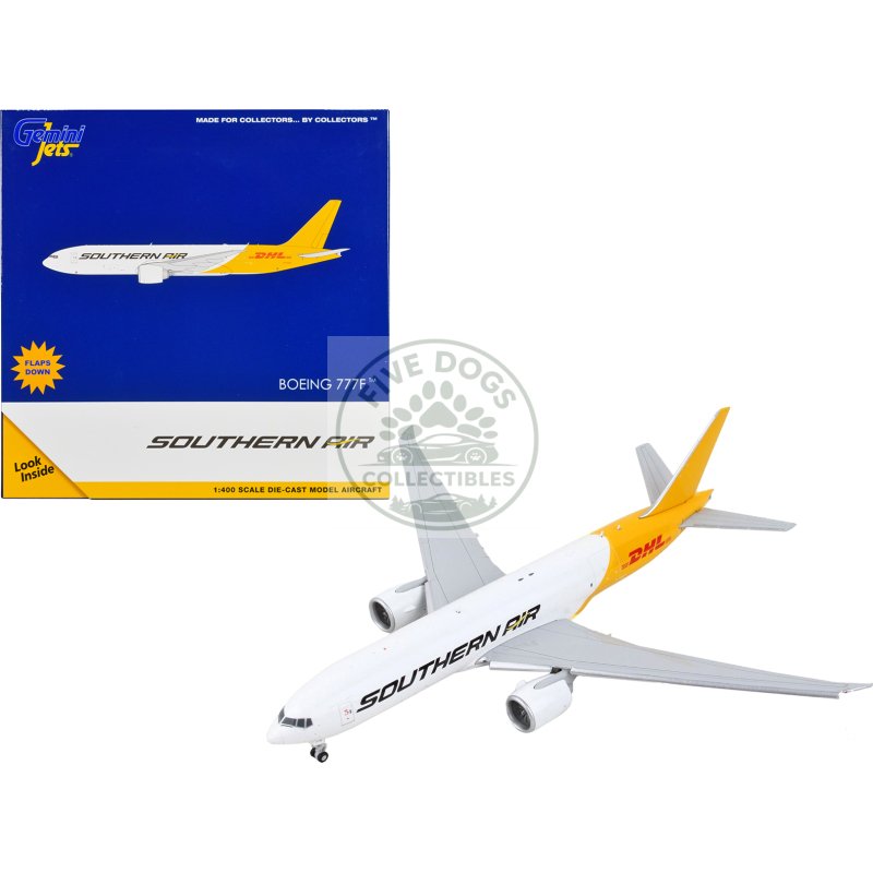 boeing 777f commercial aircraft with flaps down "southern air dhl" white and yellow 1/400 diecast model airplane by geminijets