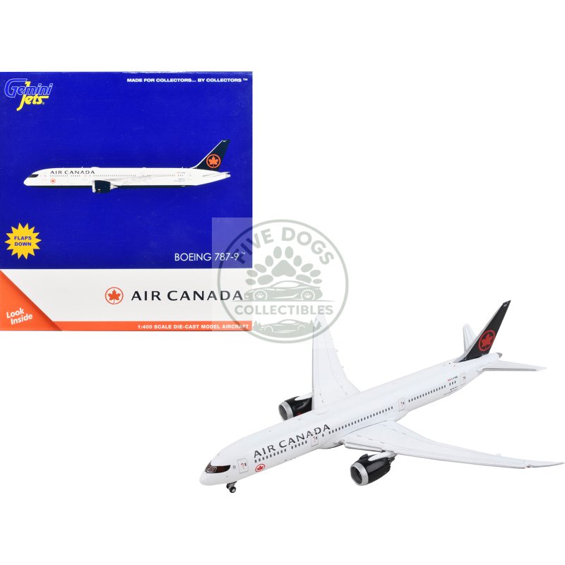 boeing 787 9 commercial aircraft with flaps down "air canada" white with black tail 1/400 diecast model airplane by geminijets