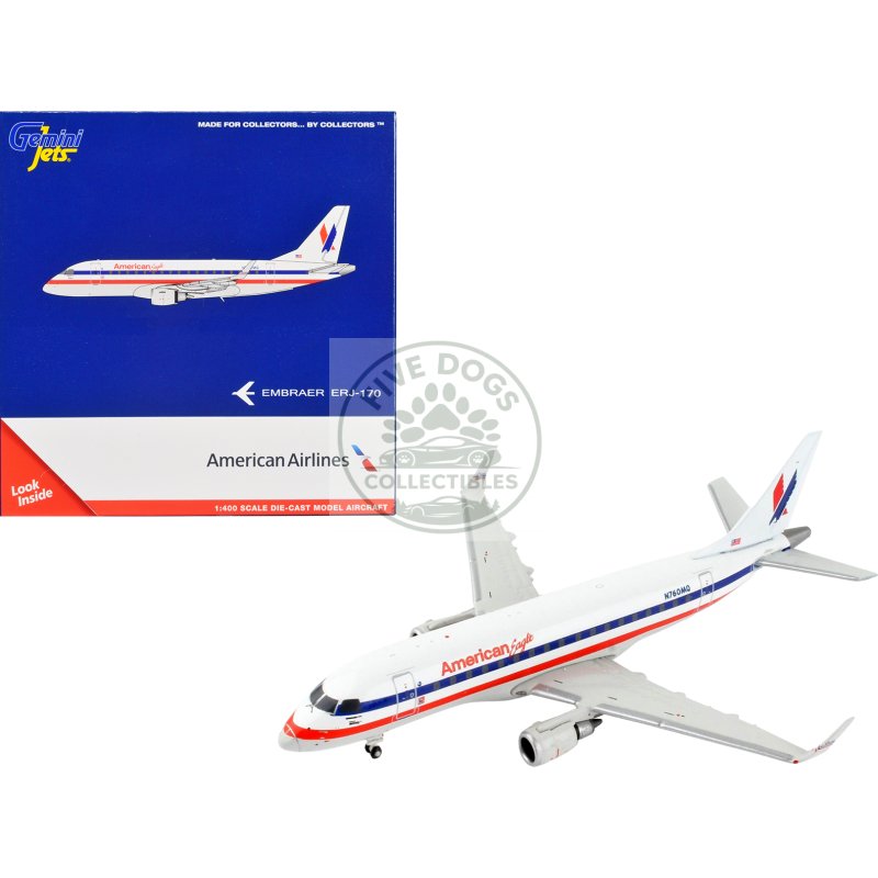 embraer erj 170 commercial aircraft "american airlines american eagle" white with blue and red stripes 1/400 diecast model airplane by geminijets
