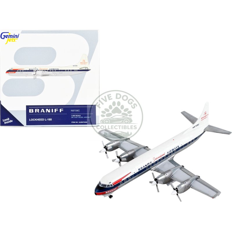 lockheed l 188 electra commercial aircraft "braniff international airways" white with blue stripes 1/400 diecast model airplane by geminijets