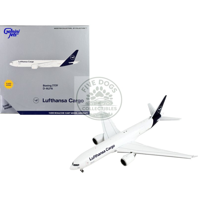 boeing 777f commercial aircraft with flaps down "lufthansa cargo" white with dark blue tail 1/400 diecast model airplane by geminijets