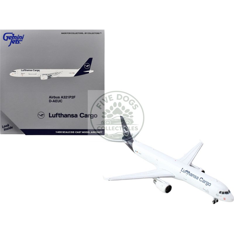 airbus a321p2f commercial aircraft "lufthansa cargo" (d aeuc) white with blue tail 1/400 diecast model airplane by geminijets