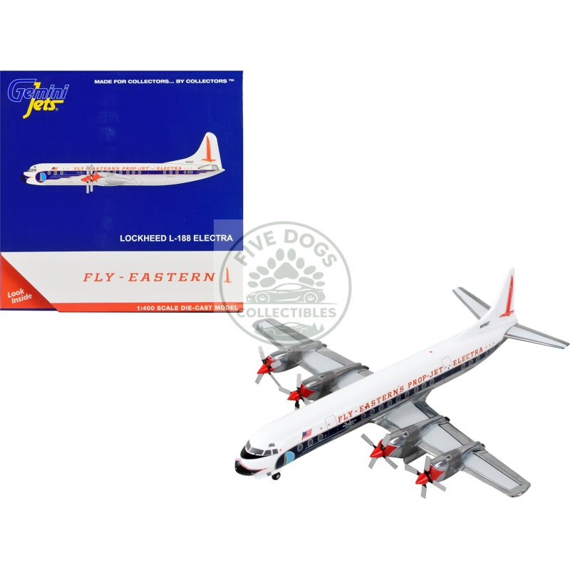 lockheed l 188 electra commercial aircraft "eastern air lines" white with dark blue stripes 1/400 diecast model airplane by geminijets